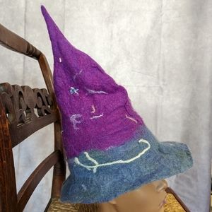 One of a kind purple and blue wool felt witchy hat